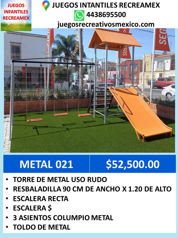 modulo de metal con resbaladilla de metal, columpios, escalera recta